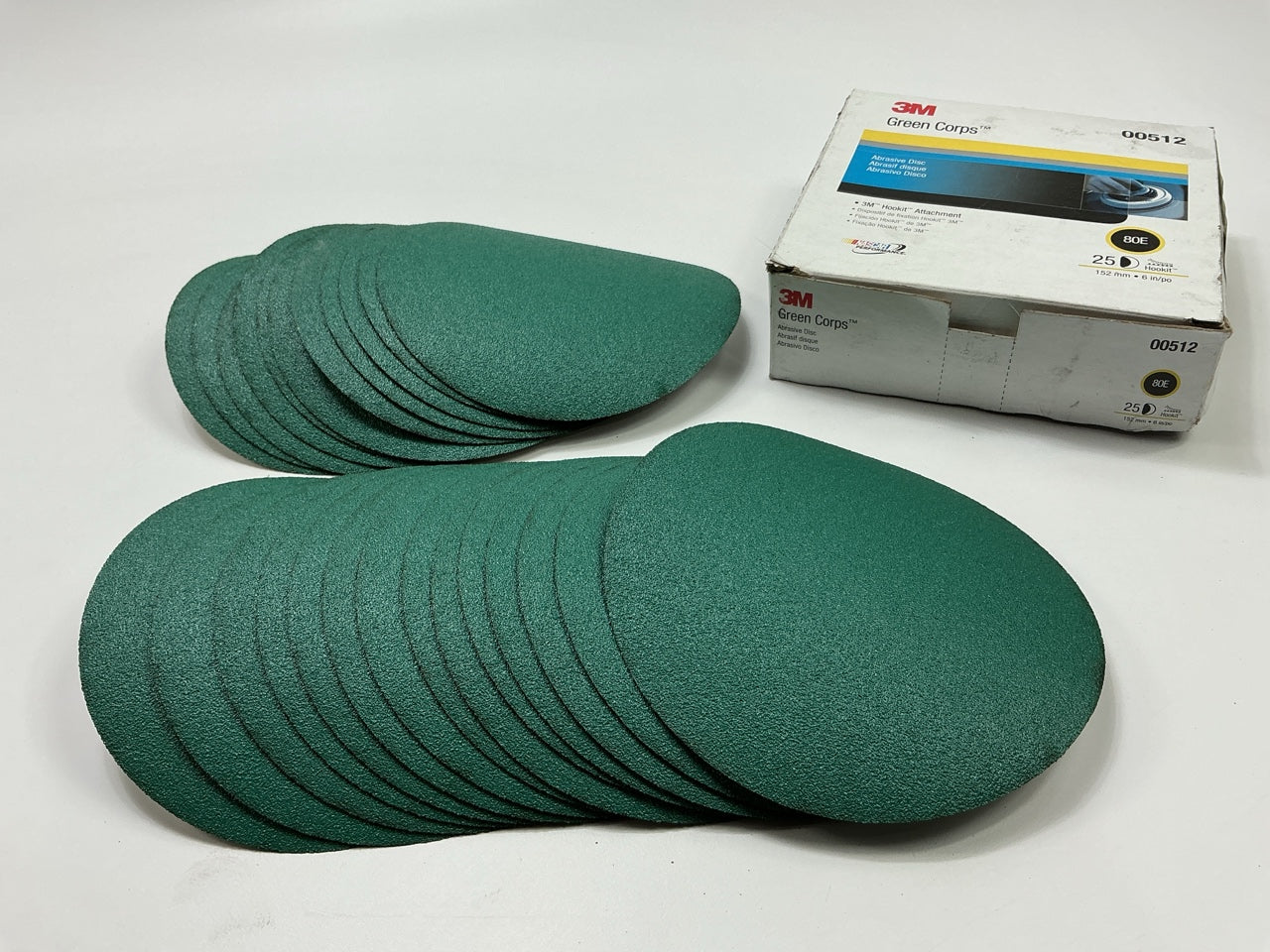 3M 00512 Green Corps Hookit Sanding Discs 6'' Dia, 80 Grit, 25 Disc / Box