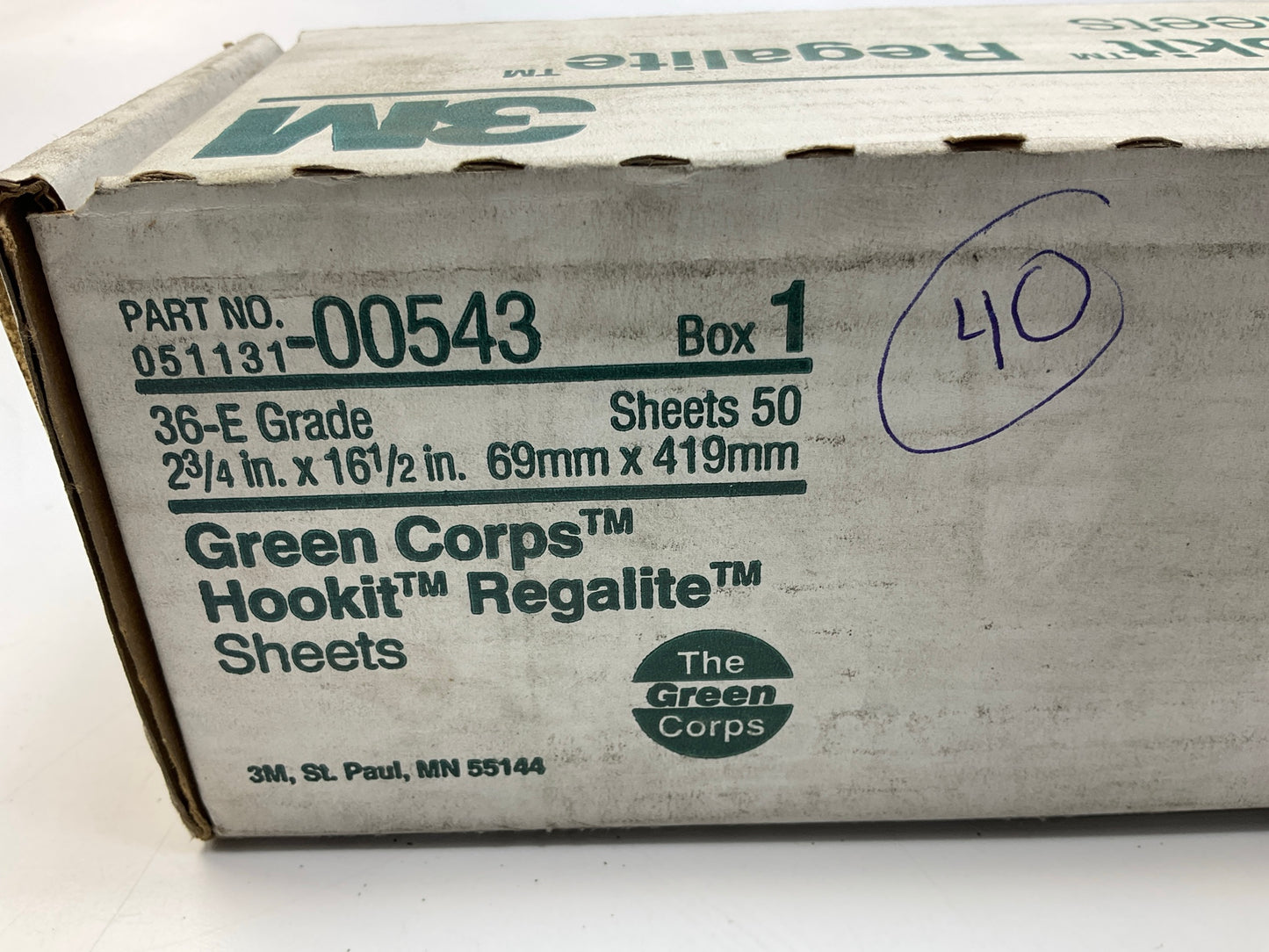 3M 00543 Green Corps Hookit Sandpaper Sheet 36 Grit, 2-3/4'' X 16-1/2'', 40 Sheets