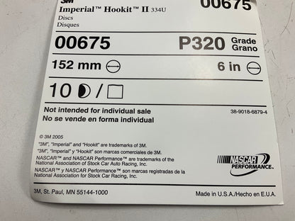 (10) 3M 00675 Imperial Hookit II 6'' Sanding Discs Grade P320 320 Grit