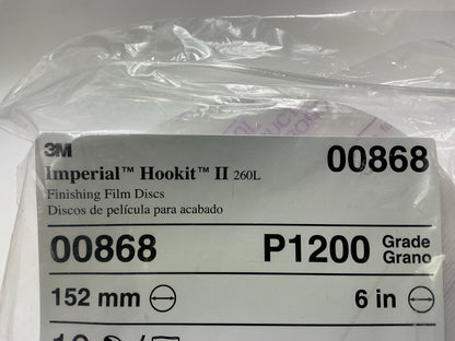 3M 00868 Imperial Hookit II Sanding Discs, P1200 1200 Grit, 6'' Diameter, 10 Disc