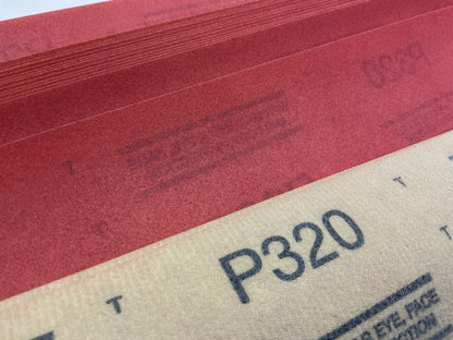 3M 01177 Hookit Red Abrasive Sanding Sheet 320+ Grade, 2-3/4''x16-1/2'', 25 Pcs