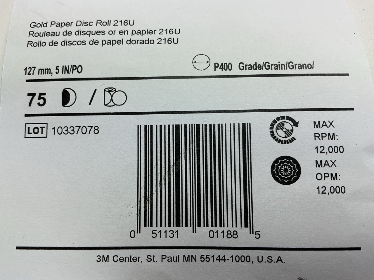 3M 01188 Stikit Gold Sand Paper 5'' Disc Roll 216U, P400 Grit - 75 Discs / Roll