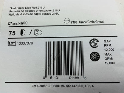 3M 01188 Stikit Gold Sand Paper 5'' Disc Roll 216U, P400 Grit - 75 Discs / Roll