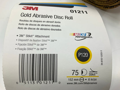 3M 01211 Stikit Gold Sanding Disc Roll, 6'', P120 120 Grit, 75 Discs / Roll