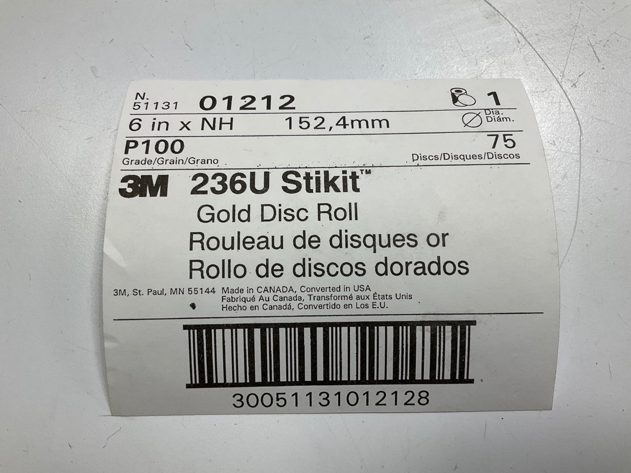 3M 01212 Stikit Gold Sanding Disc Roll, 6 In, P100 Grit, 75 Discs Per Roll