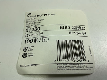 3M 01250 PSA 80 Grit Sanding Discs, 5'' Diameter, 80 Grade, Pack Of 100
