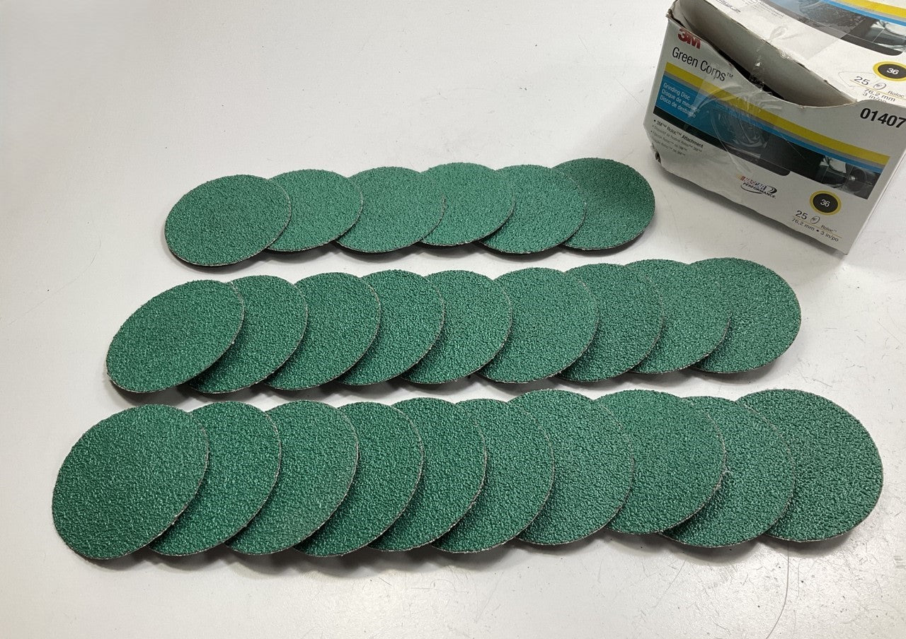 3M 01407 Green Corps Roloc Disc, TR, 3'' X 36 Grit, 25 Discs Total