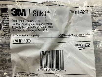 3M 01423 Stikit Gold Paper Sanding Disc Roll 216U P220 5'' Discs, Roll Of 175