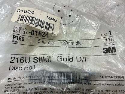 3M 01624 Stikit Gold Paper Sanding Disc Roll 5'' Diameter, P180 180 Grit, 175 Pcs