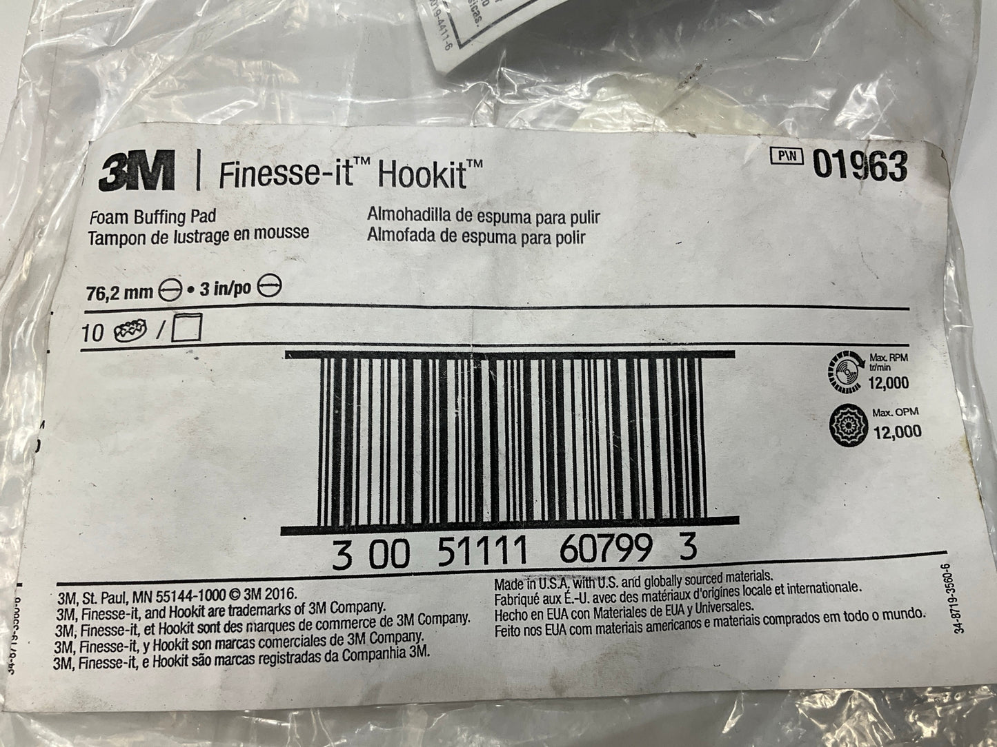 3M 01963 3'' Finesse-it Buffing Pad 3 In White Foam - 9 Pack