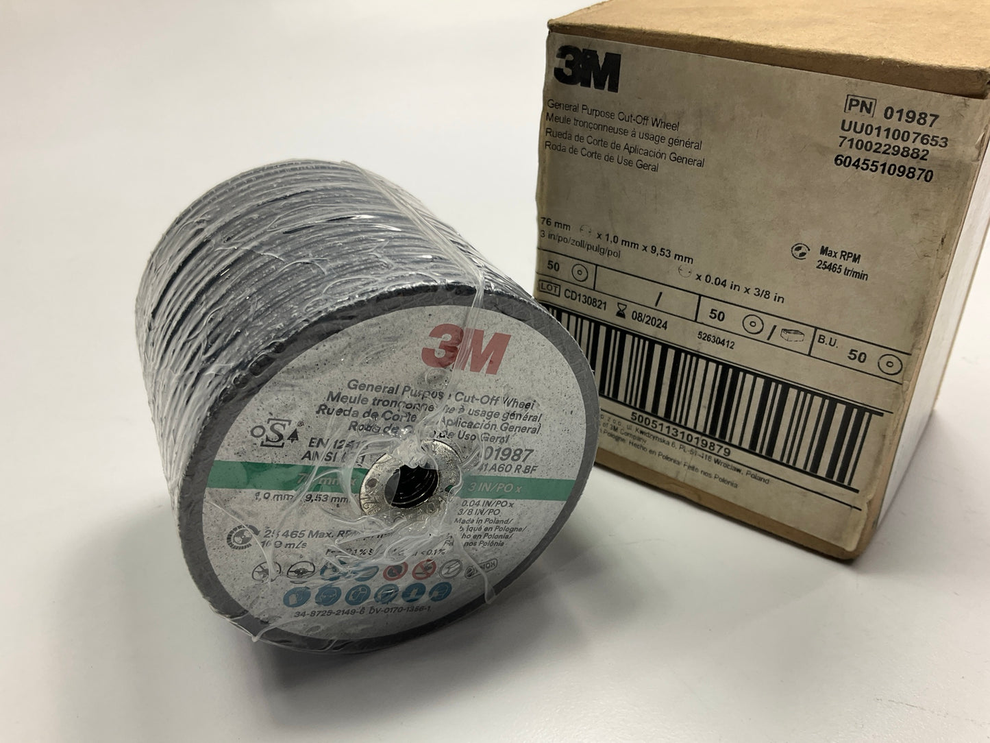 50 Discs - 3M 01987 General Purpose Cut Off Wheels 3'' X 0.04 In X 3/8''