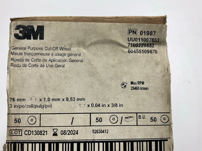 50 Discs - 3M 01987 General Purpose Cut Off Wheels 3'' X 0.04 In X 3/8''