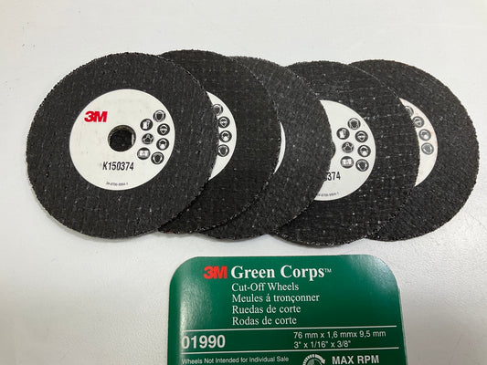 3M 01990 Green Corps 3'' X 1/16'' X 3/8'' Cut-Off Wheel, (5 Wheel Pack)