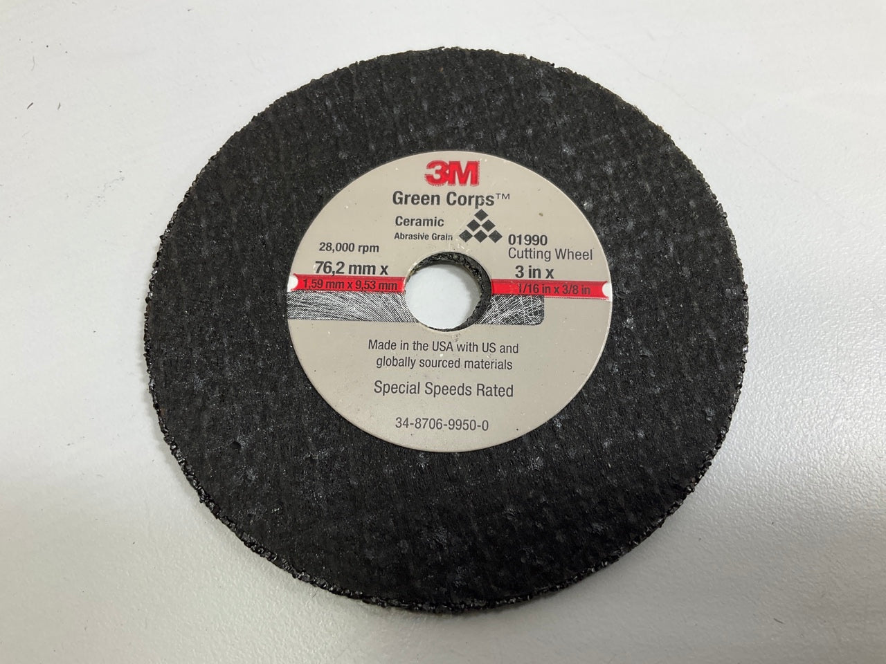3M 01990 Green Corps 3'' X 1/16'' X 3/8'' Cut-Off Wheel, (5 Wheel Pack)