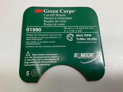 3M 01990 Green Corps 3'' X 1/16'' X 3/8'' Cut-Off Wheel, (5 Wheel Pack)