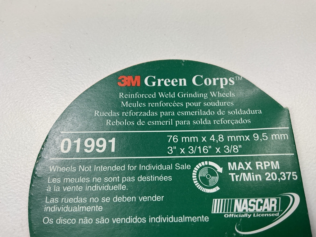(3) 3M 01991 Green Corps Reinforced Weld Grinding Wheel 3'' X 0.22'' X 3/8''
