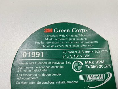 (3) 3M 01991 Green Corps Reinforced Weld Grinding Wheel 3'' X 0.22'' X 3/8''