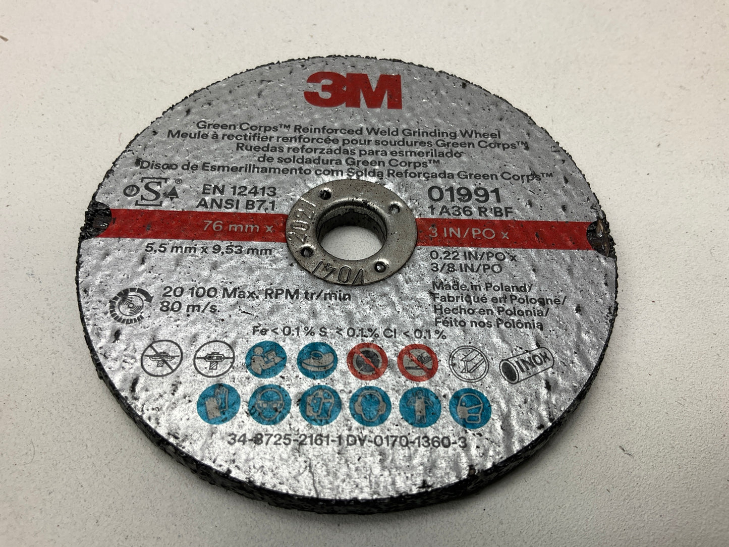 (5) 3M 01991 Green Corps Reinforced Weld Grinding Wheel 3'' X 0.22'' X 3/8''