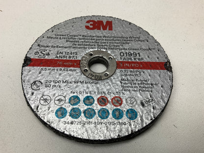 (5) 3M 01991 Green Corps Reinforced Weld Grinding Wheel 3'' X 0.22'' X 3/8''