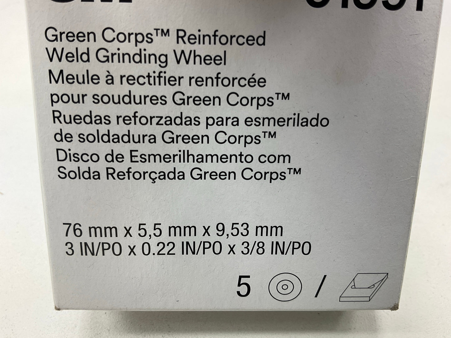 (5) 3M 01991 Green Corps Reinforced Weld Grinding Wheel 3'' X 0.22'' X 3/8''