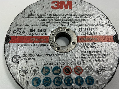3M 01991 Green Corps 3 X 3/16 X 3/8 Inch Reinforced Weld Grinding Wheel (SINGLE)