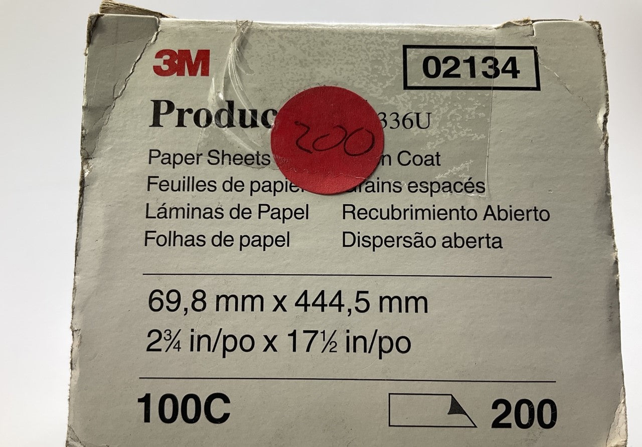 3M 02134 Aluminum Oxide Sandpaper Sheets 100C Grit, 2-3/4''x17-1/2'', 200 Pack