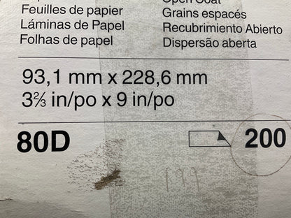 3M 02175 3-2/3''x9'' Sandpaper Abrasive Sheets 80 Grit D-Weight, 200 Sheets Total