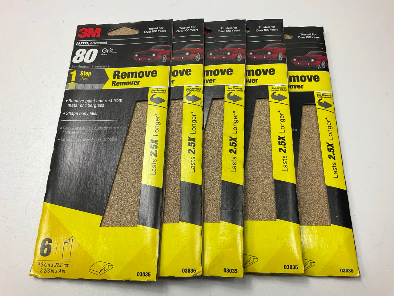 (5) 3M 03035 Sandpaper 3-2/3'' W X 9'' L, 80 Grit, Brown, Dry, 6-sheets / Pack