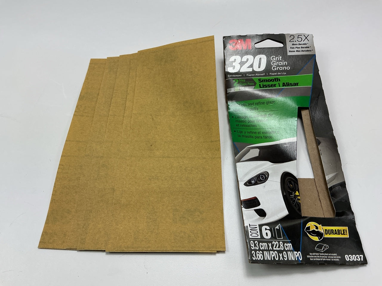 3M 03037 Sandpaper Sheets 320 Grit, 3.66''x9'', 5 / Pack