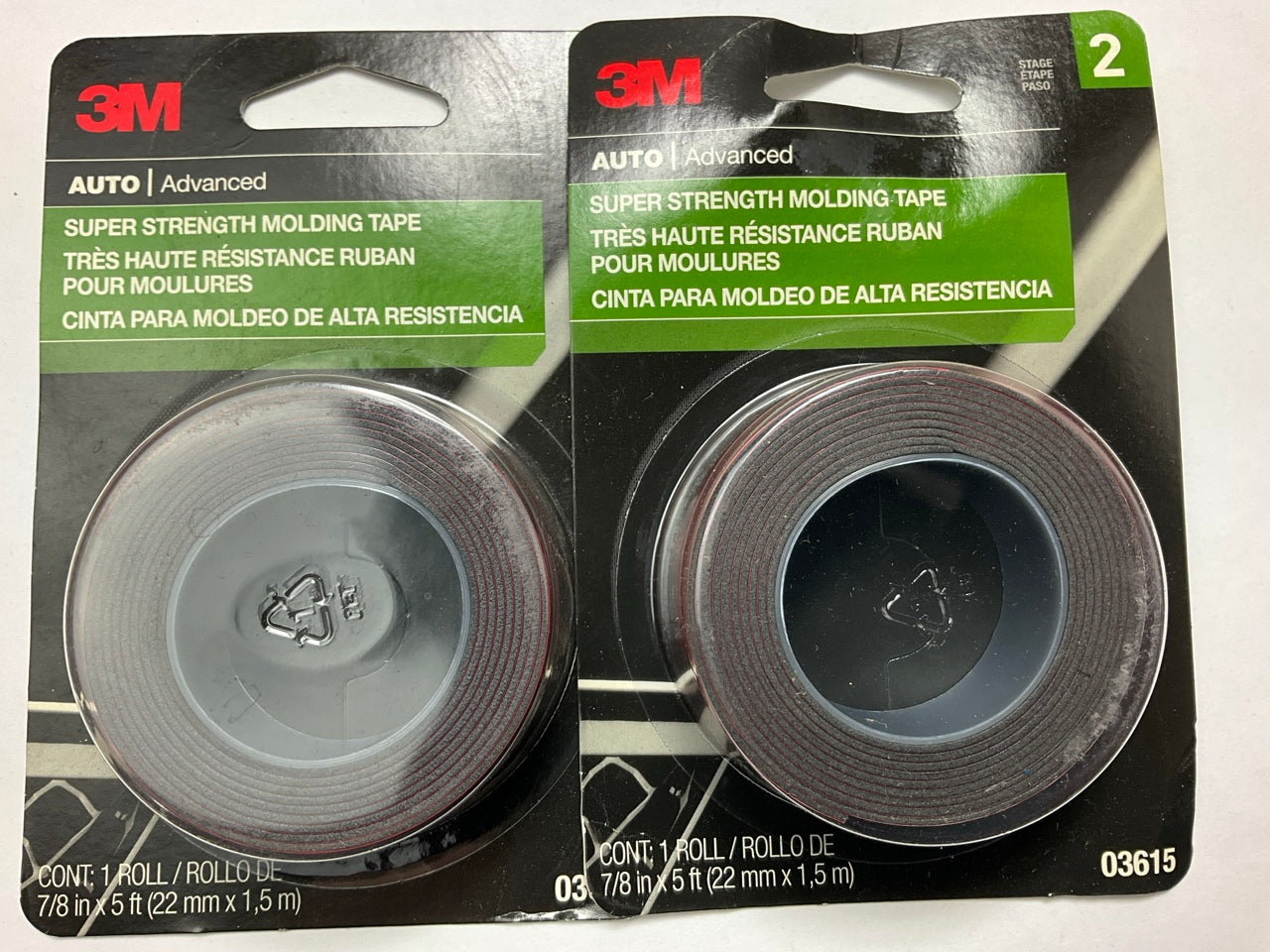 (2) 3M 03615 Auto 7/8'' X 5' Super Strength Automotive 2-Sided Moulding Mold Tape