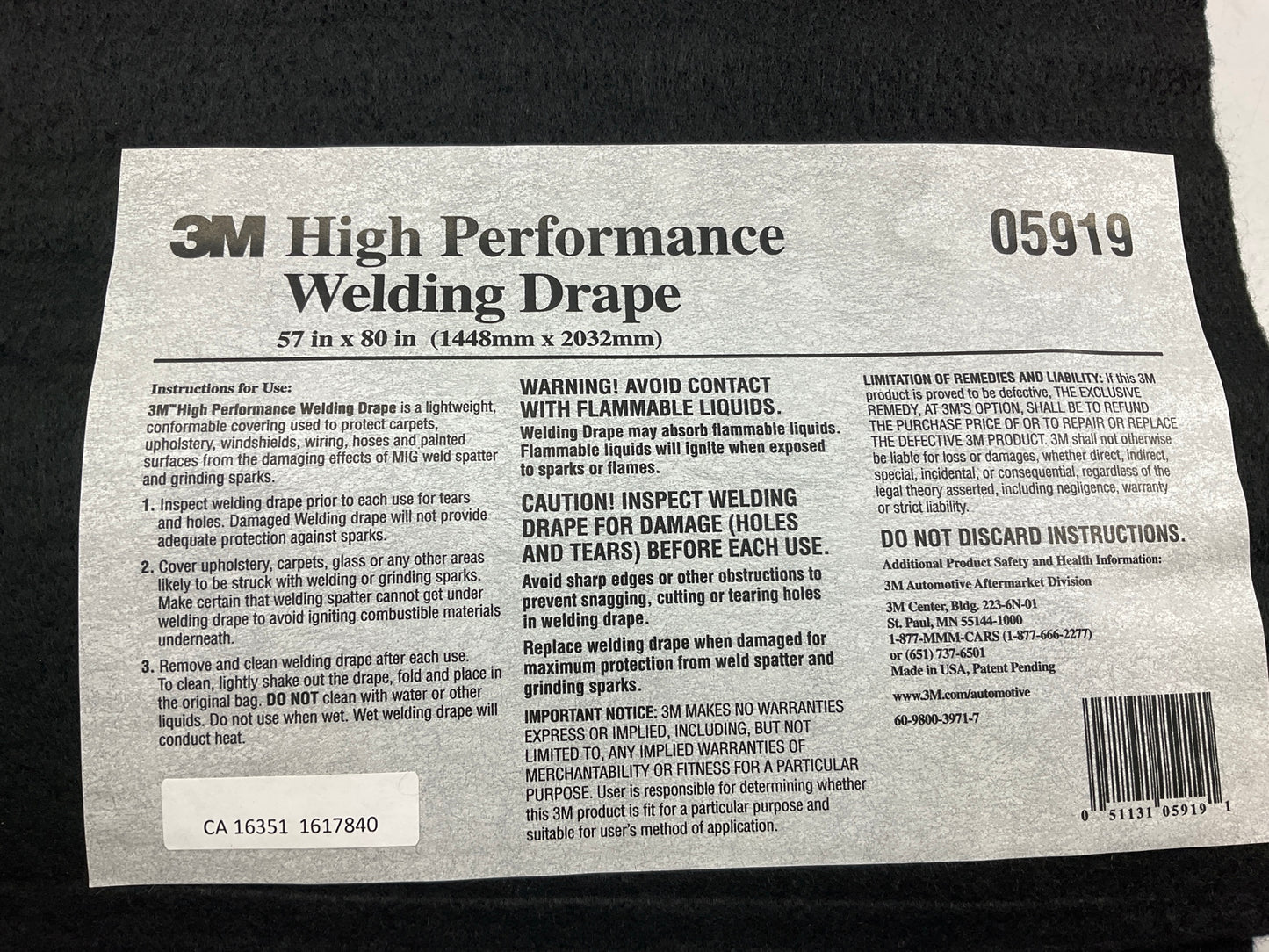 3M 05919 High Performance Welding Drape, 57 In X 80 In