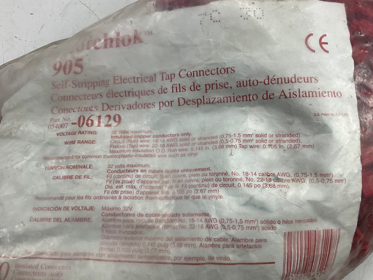 3M 06129 Scotchlok 905 IDC Tap Connector, 22-18 To 18-14 Ga., Red, 500 Pcs