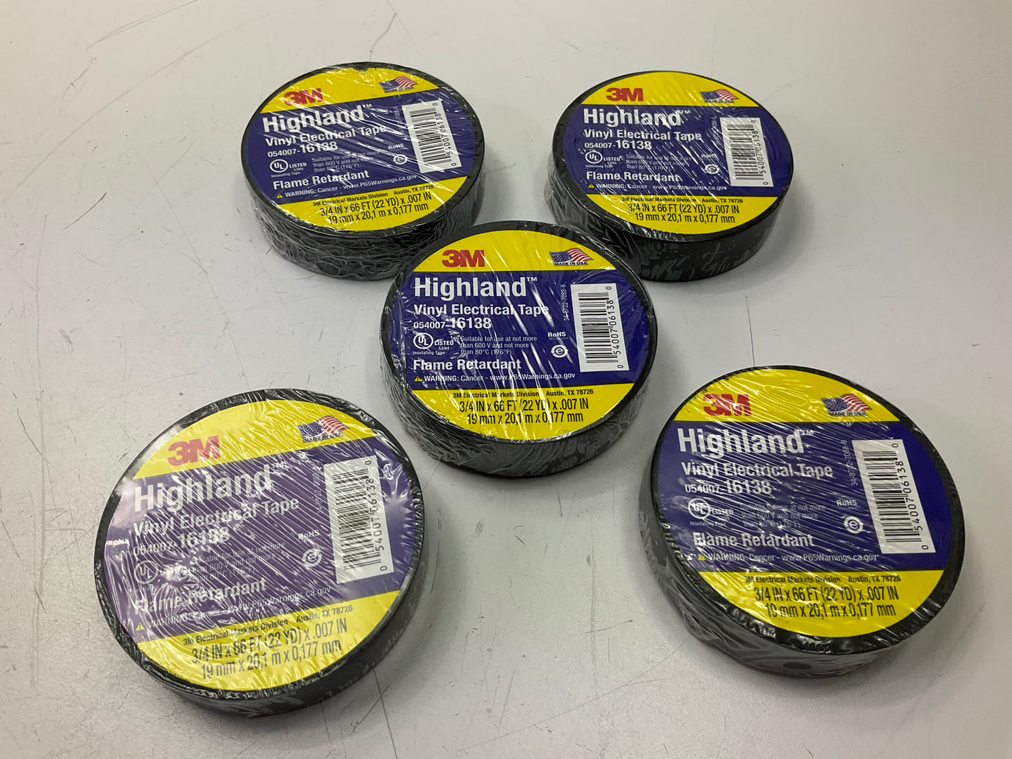 (5) Rolls - 3M 06138 Highland Tape Vinyl Electrical Tape, 3/4 In X 66 Ft, Black