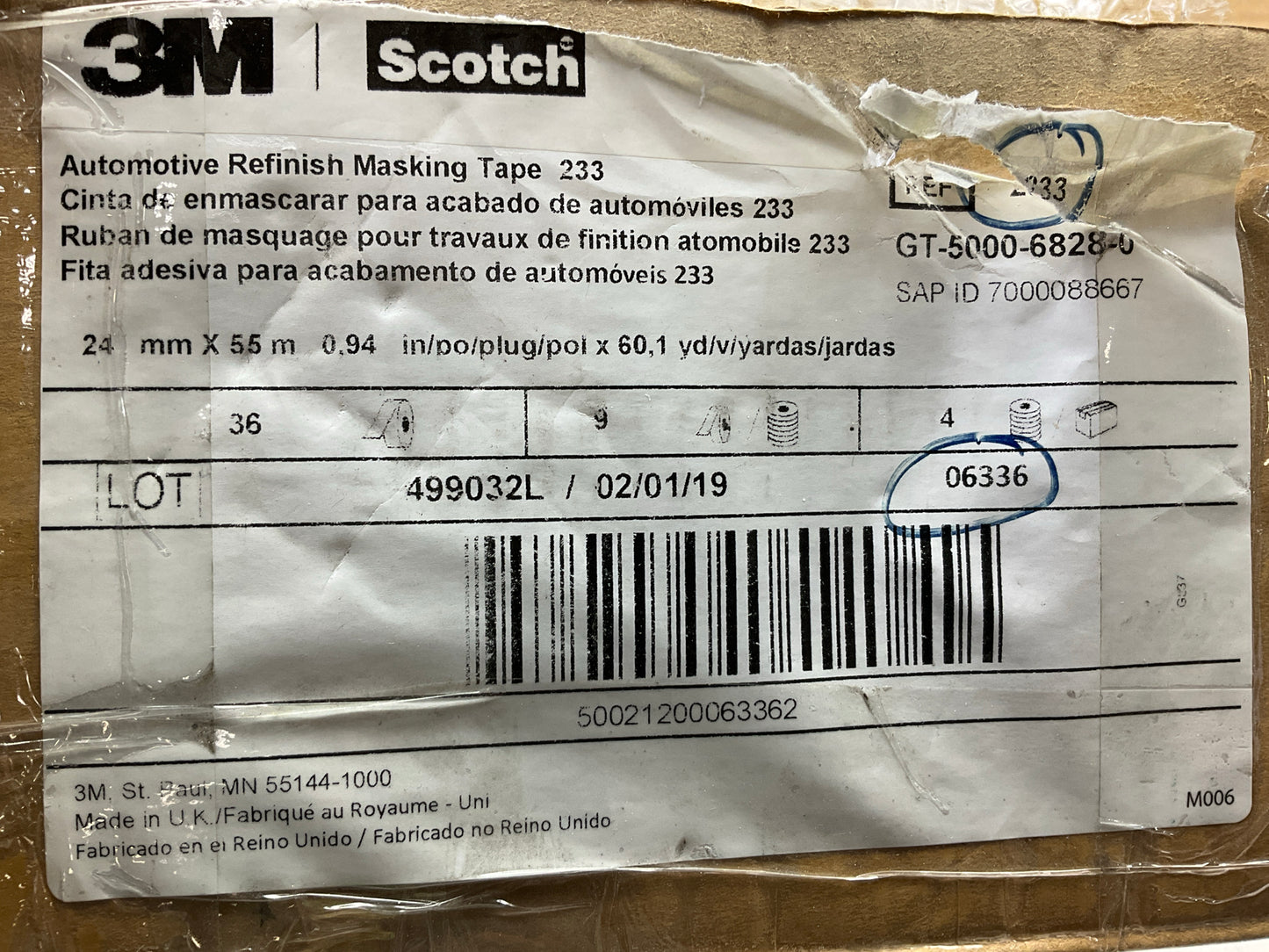 (35) Rolls, 3M 06336 Automotive Refinish Masking Tape 233, 0.94'' X 60 Yard Each