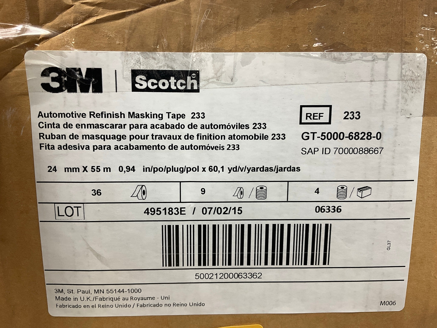 (36) 3M 06336 Automotive Refinish Masking Tape 233, 0.94'' X 60 Yard Each Roll