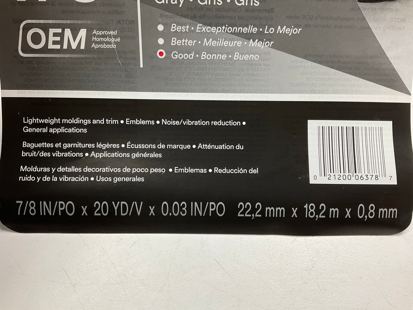 3M 6378 Automotive Double Sided Attachment Tape, Gray, 7/8'' X 20 Yds