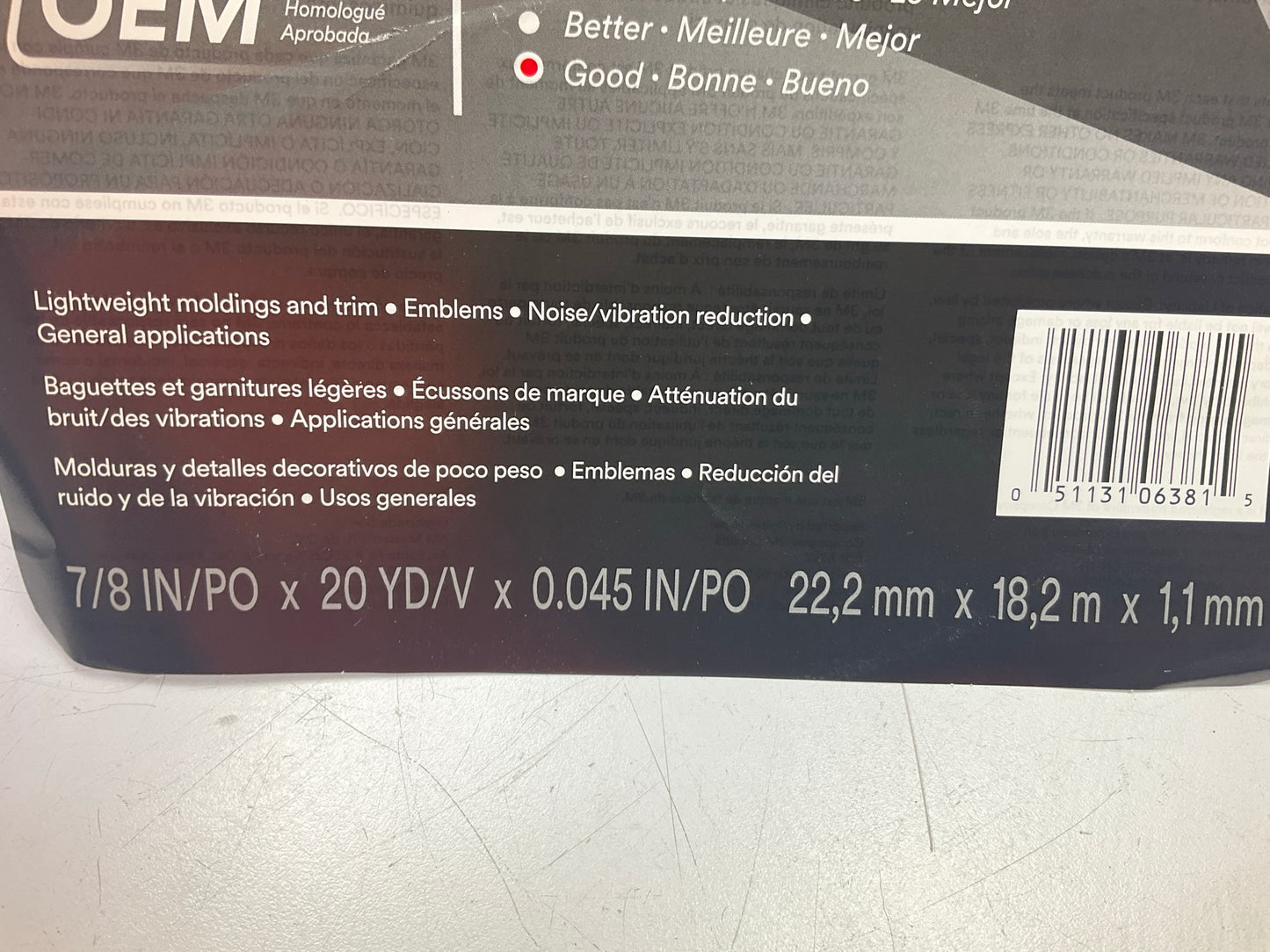 3M 06381 Automotive 45 Mil White Acrylic Foam Attachment Tape (7/8 In. X 20 Yd)