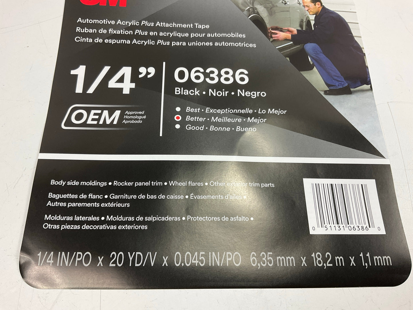 3M 06386 1/4'' Acrylic Plus Series Automotive Attachment Tape, Black, 20 Yards