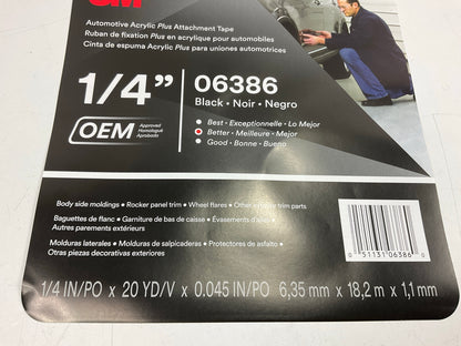 3M 06386 1/4'' Acrylic Plus Series Automotive Attachment Tape, Black, 20 Yards