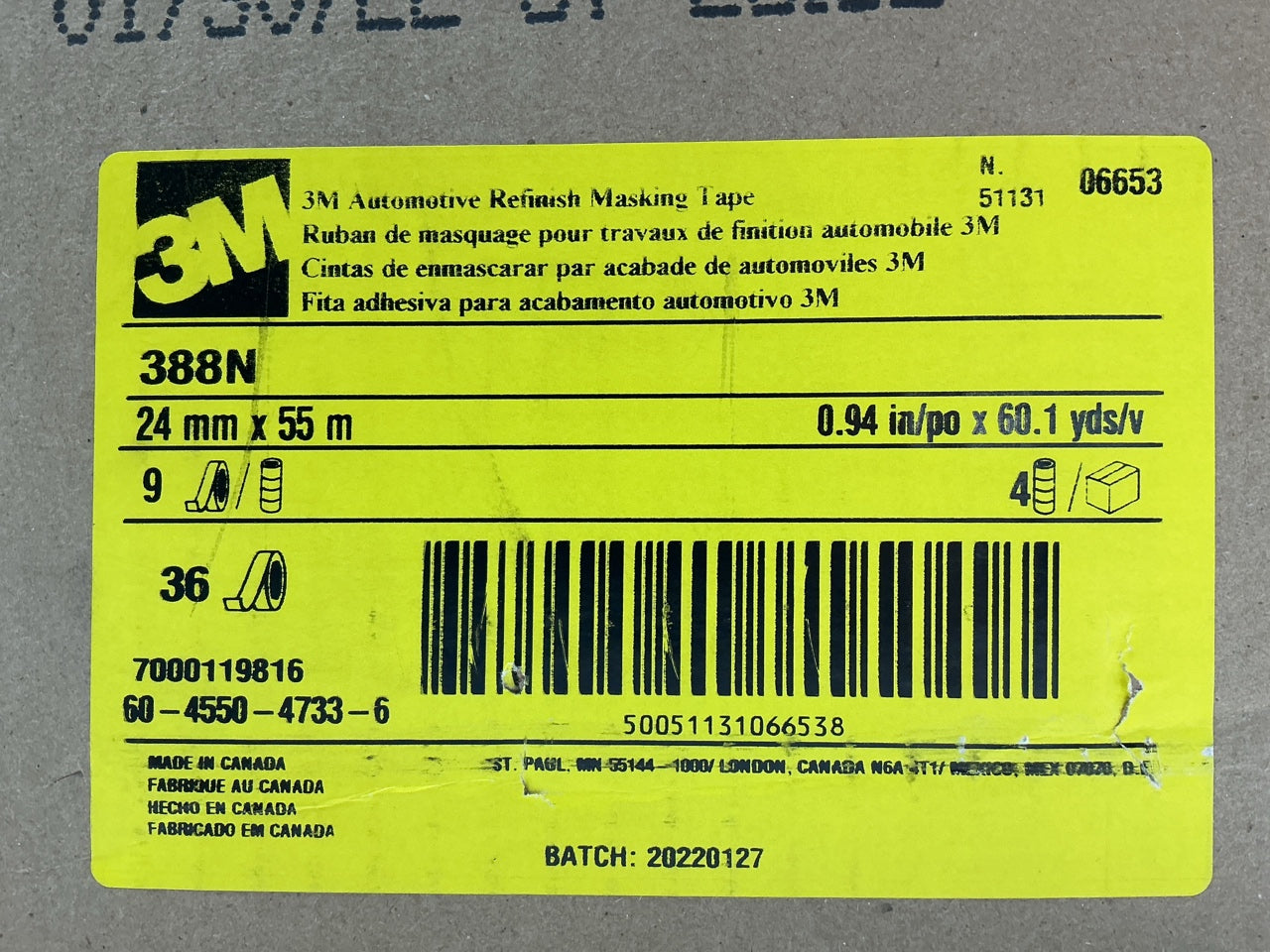 (12) ROLLS, 3M 06653 (24 Mm X 55 M) 1'' Automotive Refinish Masking Tape Yellow
