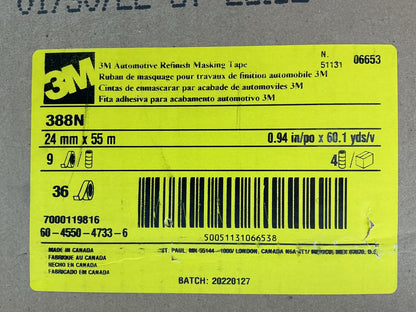 3M 06653 Automotive Refinish Masking Tape, 1''x60 Yard 24mm X 55M, 36 Rolls Total