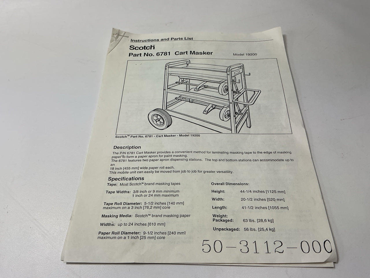 3M 06781 2-tier Rolling Masking Paper Dispenser Cart For Body Shop, Up To 18'' W