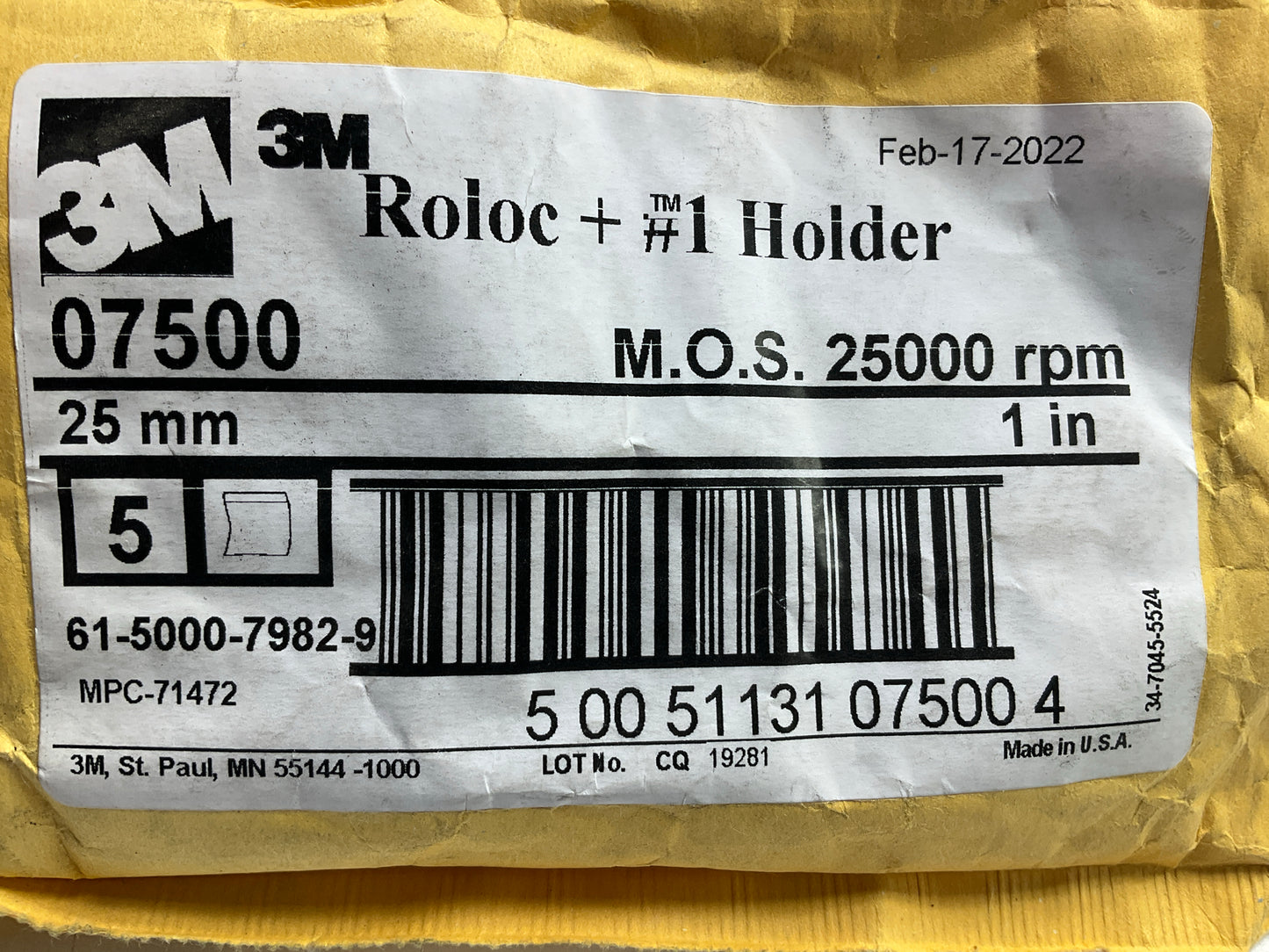 Pack Of (5) - 3M 07500 Roloc Disc Pad Holder, 25,000 Max RPM