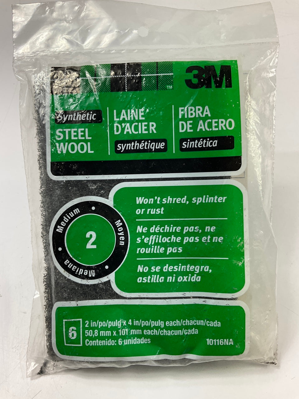 Pack Of 6 -3m 10116NA #2 Medium Synthetic Steel Wool Pads 2''X4''