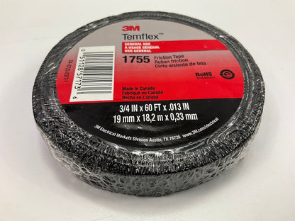 3M Temflex 1755 Friction Tape Black 3/4'' X 60 Feet, 1 Roll