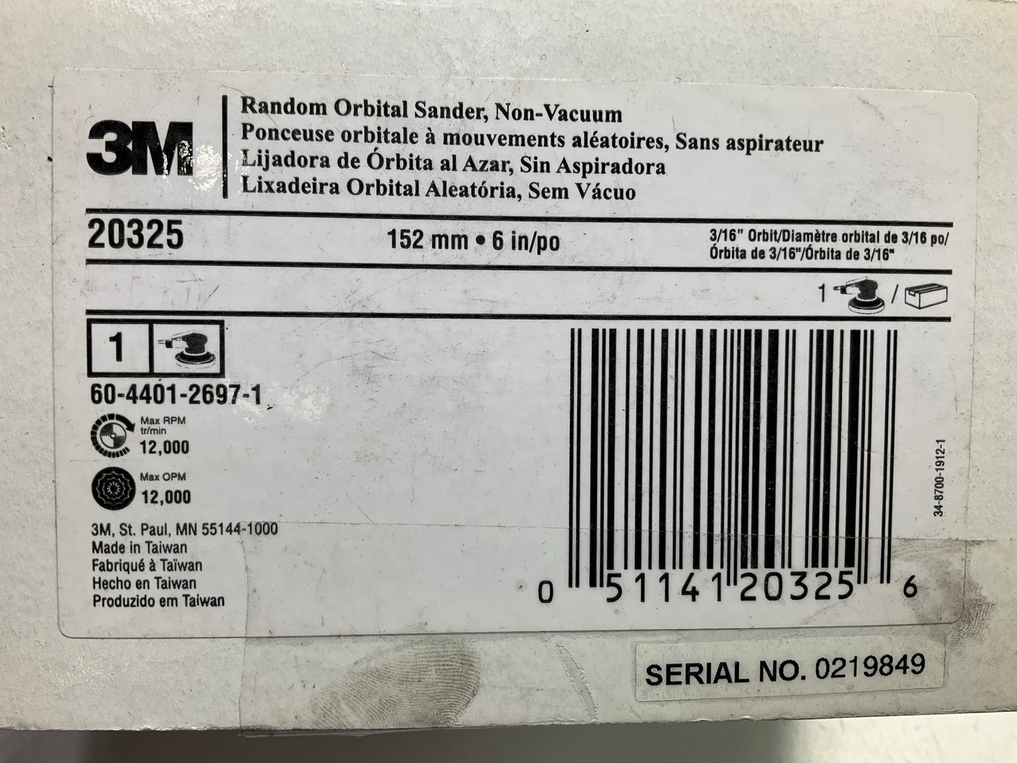 3M 20325 Random Orbital Sander, 6'' Non-Vacuum, 3/16'' Orbit