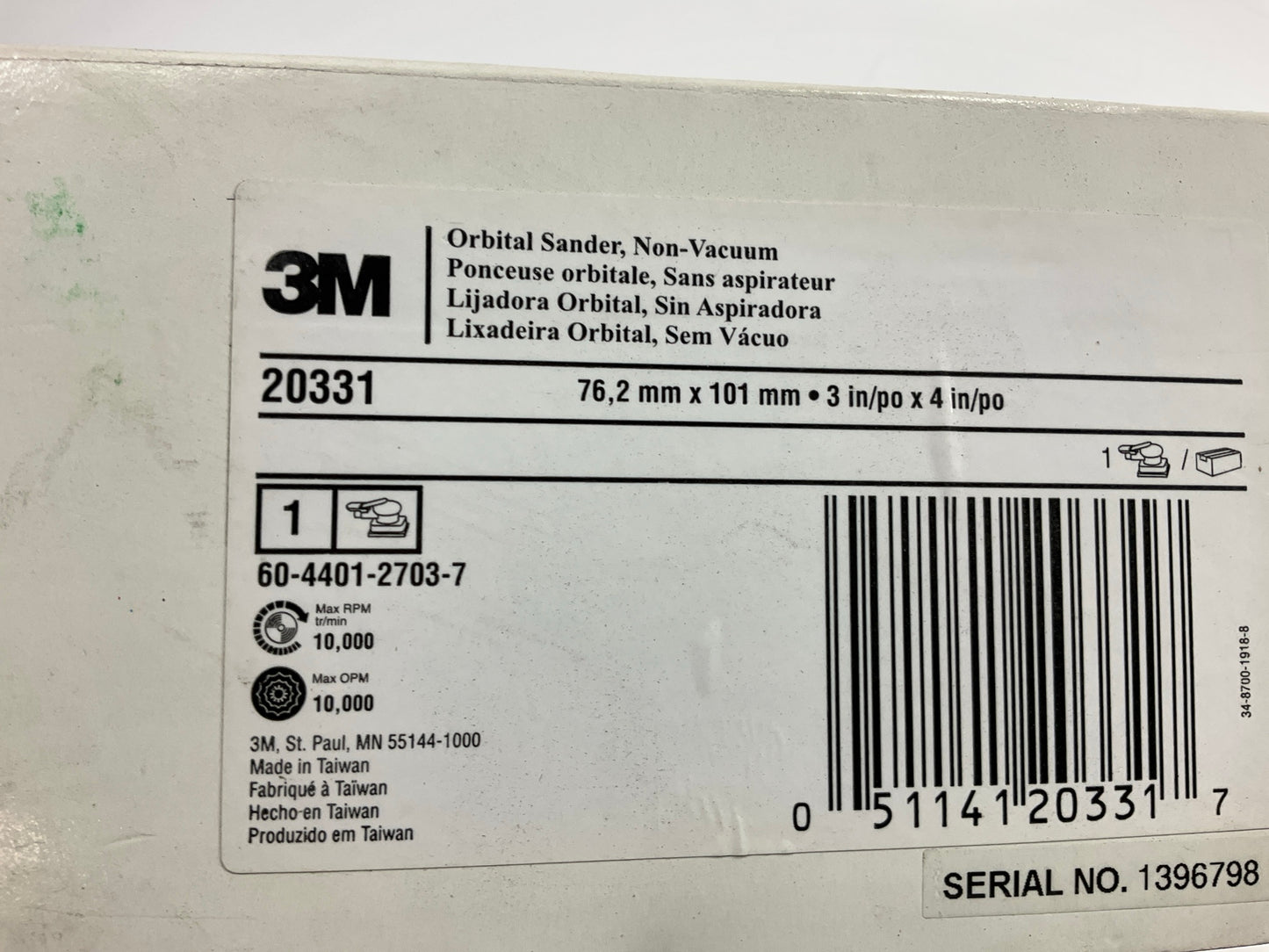 3M 20331 Pneumatic Orbital Sander 1/8'' 10,000 OPM