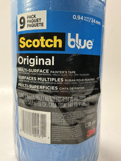 (9) Rolls - 3M Scotch 2090 Blue Painters Tape, 1'' X 60 Yards. (Blue) 0.94''x60'
