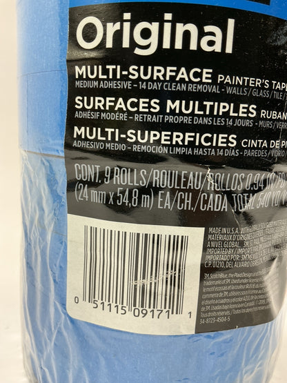 (9) Rolls - 3M Scotch 2090 Blue Painters Tape, 1'' X 60 Yards. (Blue) 0.94''x60'