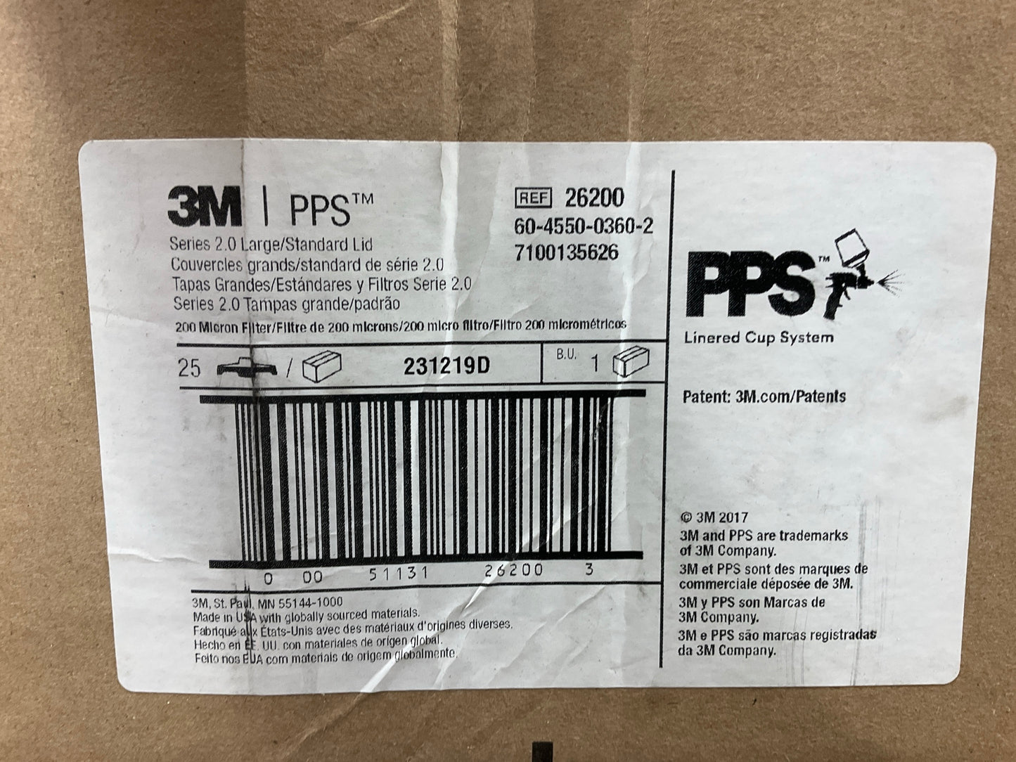 3M PPS 26200 2.0 Spray Gun Cup Disposable Cup Lid Standard/ Large 25/Box